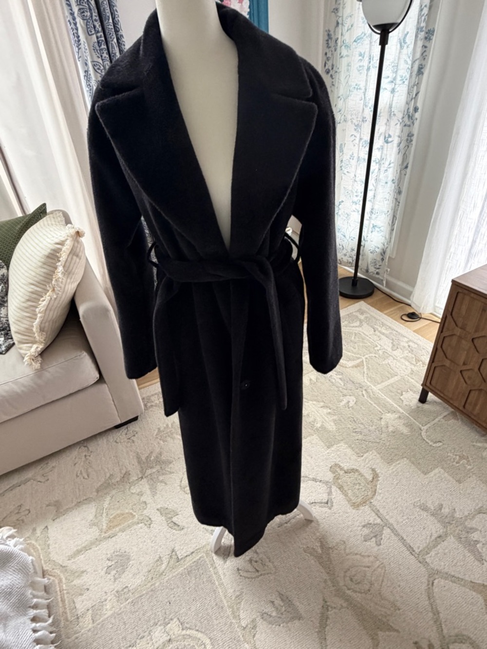 Alpaca wool blend Classic Black Long Wrap Coat with Belt